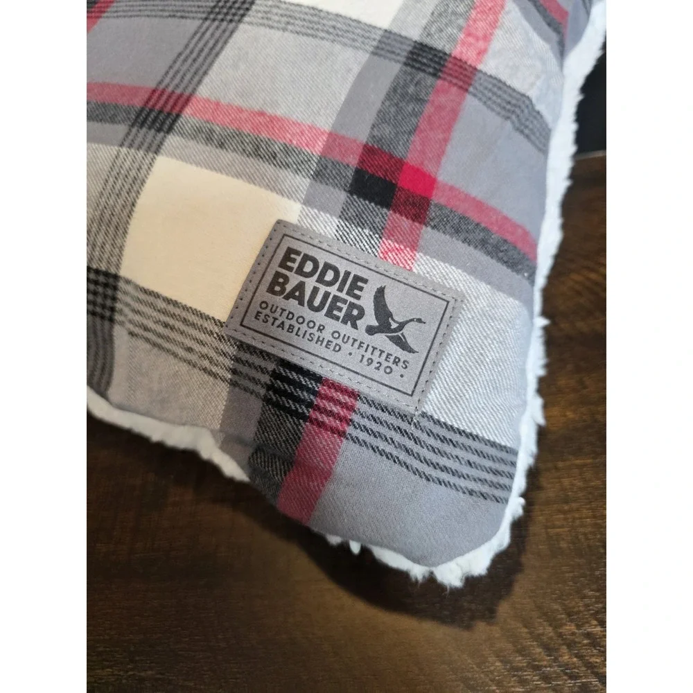 Eddie Bauer Decorative Throw Pillow Wallace Plaid Sherpa Red Black Square 20 NEW